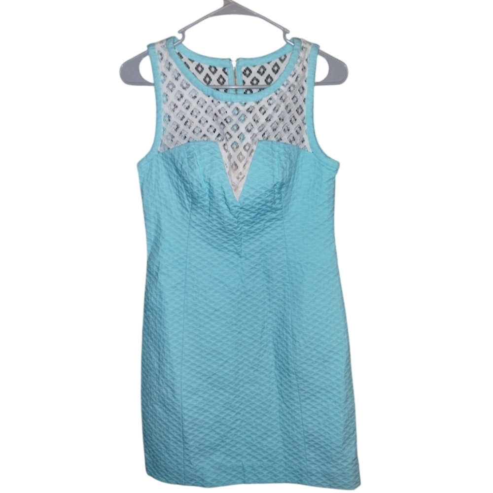 Lilly Pulitzer aqua blue dress, sleeveless, Lace See Through neckline, lined